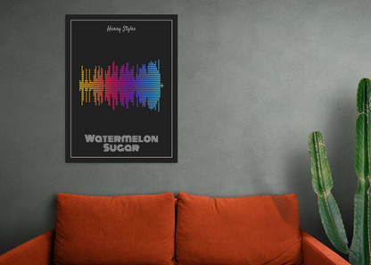 Harry Styles 'Watermelon Sugar' Dotted Soundwave Poster - Rainbow Colors on Dark Gray Background